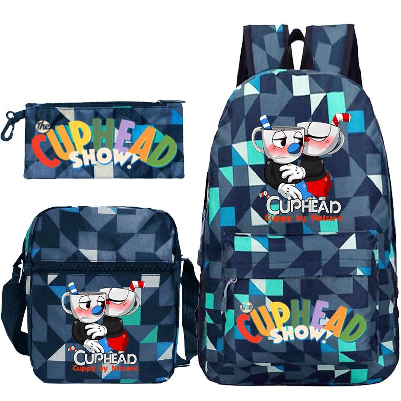 Cartoon Teacup Head Cuphead Student School Bag Backpack Three-piece Set Children's Shoulder Bag Pencil Bag