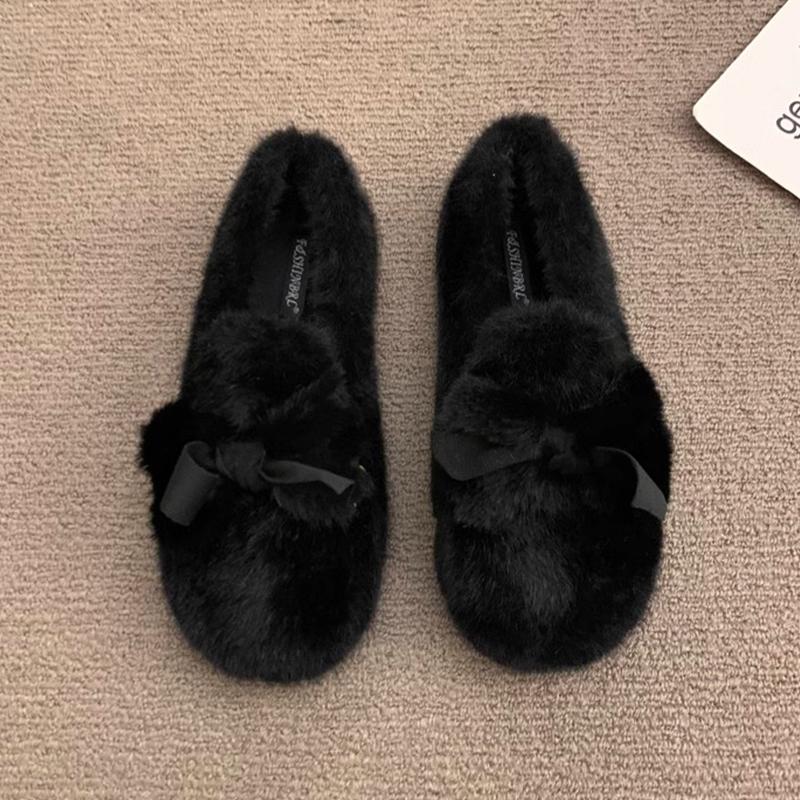 Fashion Women Furry Flats Shoes Fashion Butterfly-knot Slip on Shoes Warm Cartoon House Shoes for Winter