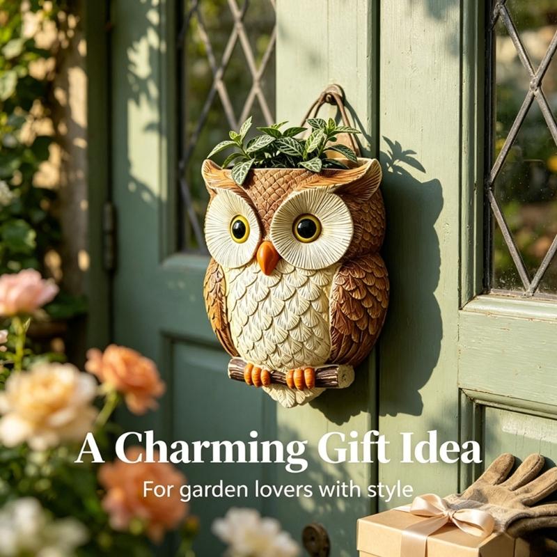 Resin Owl Hanging Wall Pot With Textured Finish and Back Hook Slot, Flower Holder for Small Plant, Balcony Wall, Entryway, and Indoor Display