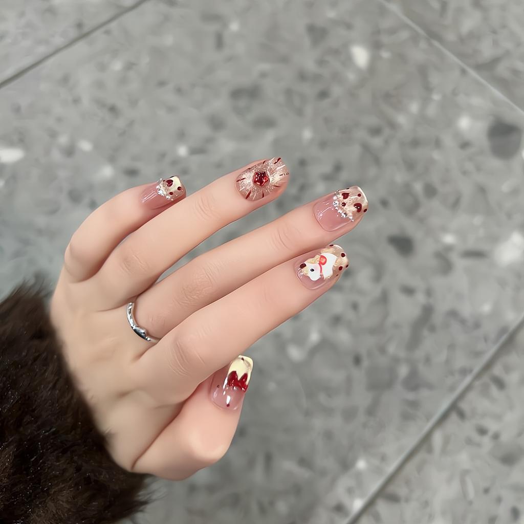 Press On Nails Artificial Acrylic Nails Glossy False Nails Full Cover Stick On Nails Square Fake Nails with Glitter Design Glue On Nails for Women