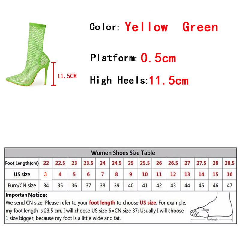 Sexy Yellow Green Mesh Ankle Boots Women Fashion Crystal Stretch Fabric Socks Shoes Party Nightclub Stripper Heels Pumps