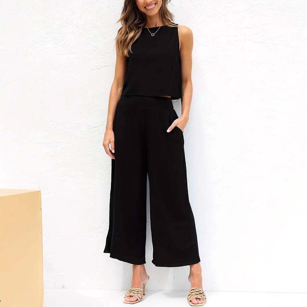 Europe, America 2025 Women's Summer 2-piece Sleeveless Vest Button Top Wide Leg Pants Pocket Casual Set