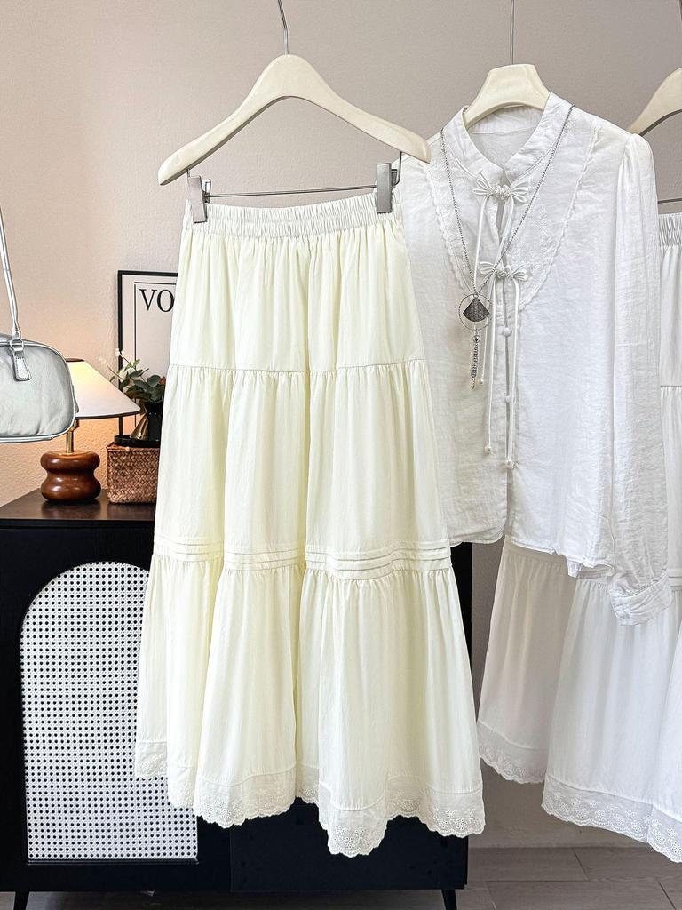 2026 Summer Women's White A-Line Lace Trim Flared Long Skirt with High Waist and Pleats