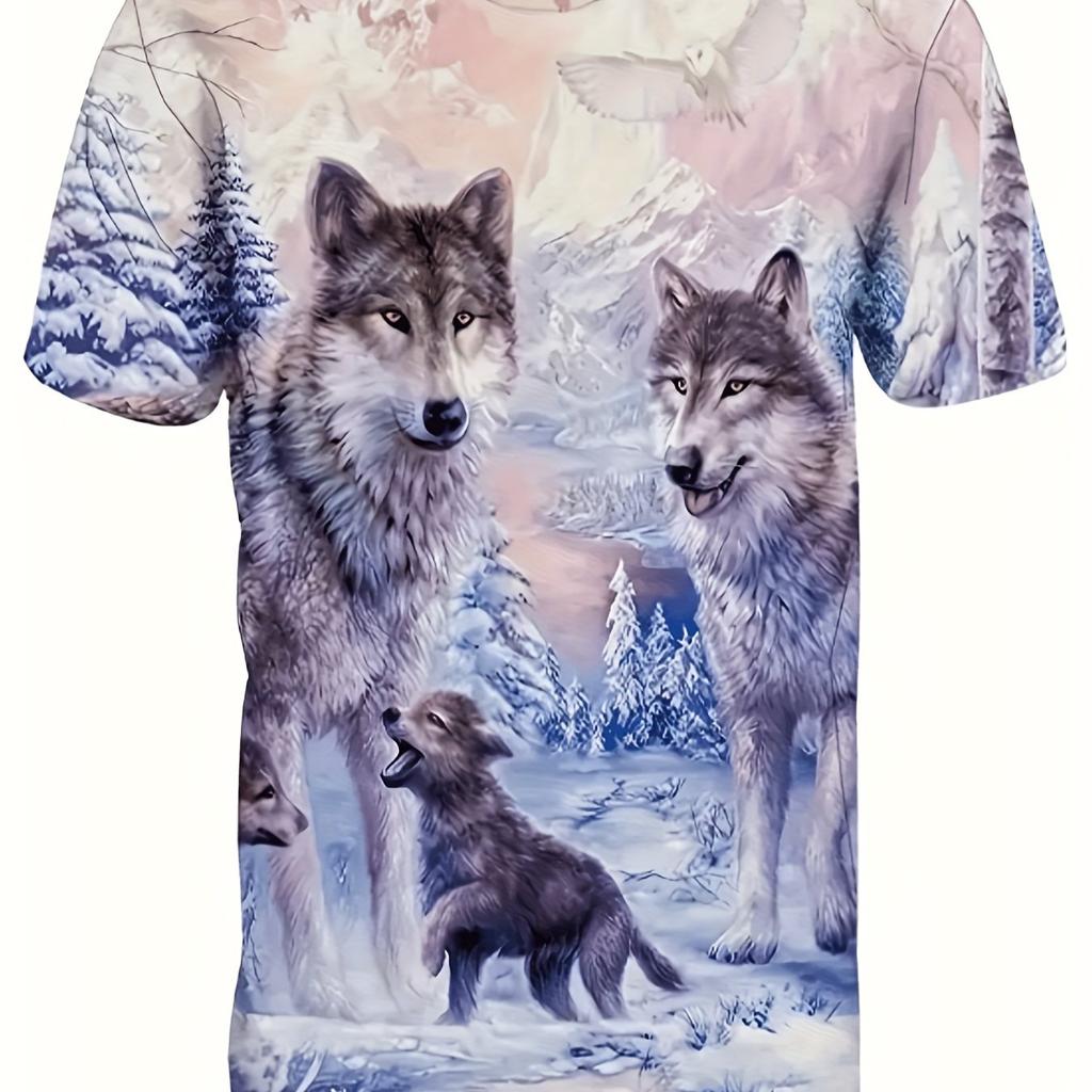 Summer Round Neck 3D Animal Pattern Eagle Wolf Shark Print Top Fashionable Casual Short Sleeved Men's T-shirts
