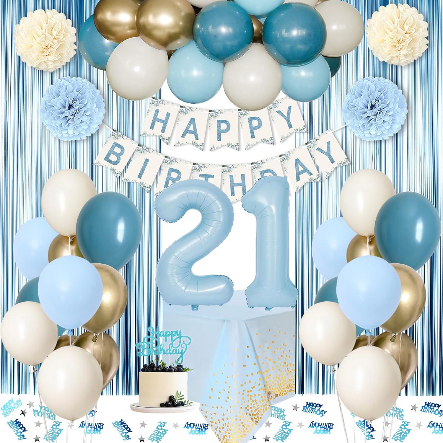 21st Birthday Decorations for Her, Happy 21st Birthday Decorations Light Blue White Gold Balloons Happy Birthday Banner Tablecloth Fringe Curtain