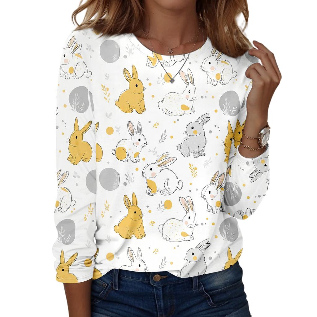Top casual da donna a maniche lunghe con stampa pasquale e girocollo