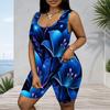 Women Plus Size Navy Blue Floral Printed Scoop Neck Sleeveless Tank Top And Shorts Two Piece Set