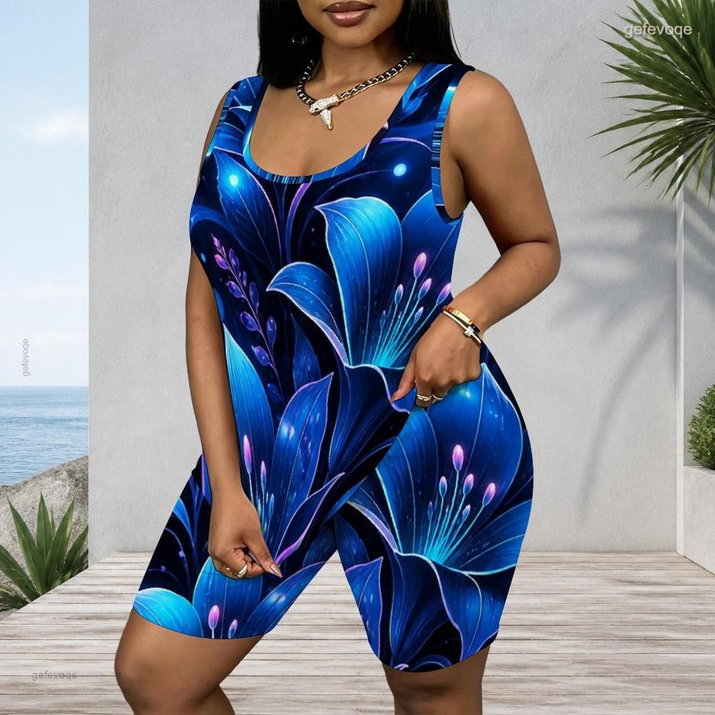 Women Plus Size Navy Blue Floral Printed Scoop Neck Sleeveless Tank Top And Shorts Two Piece Set
