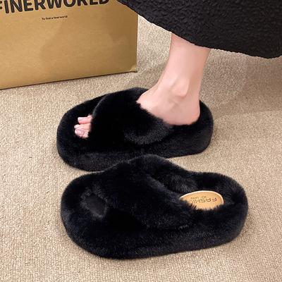 Mode Damenmode Warme flauschige Hausschuhe Gemütliche Kunstfell-Überkreuz-Indoor-Bodenschuhe Flache weiche pelzige Damen-Promi-Flip-Flops