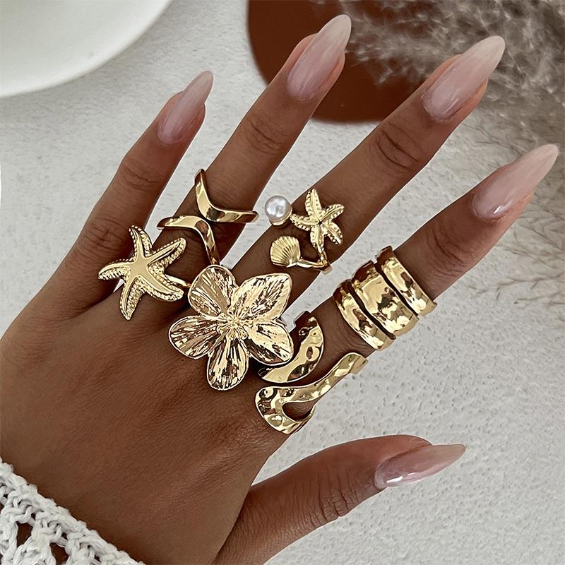 

6pcs Vintage Starfish Floral Ring Set For Women Fashion Bohemian Smooth Pearl Vegan Rings Summer Beach Daily Wear Jewelry Gifts