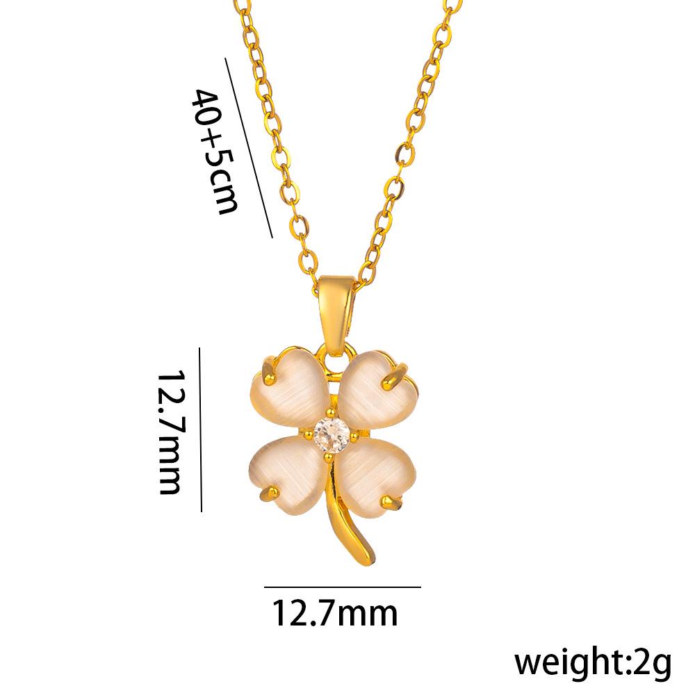[Real Gold] Titanium Steel Four-Leaf Clover Cat's Eye Necklace for Women - Light Luxury Clavicle Chain with Niche Design