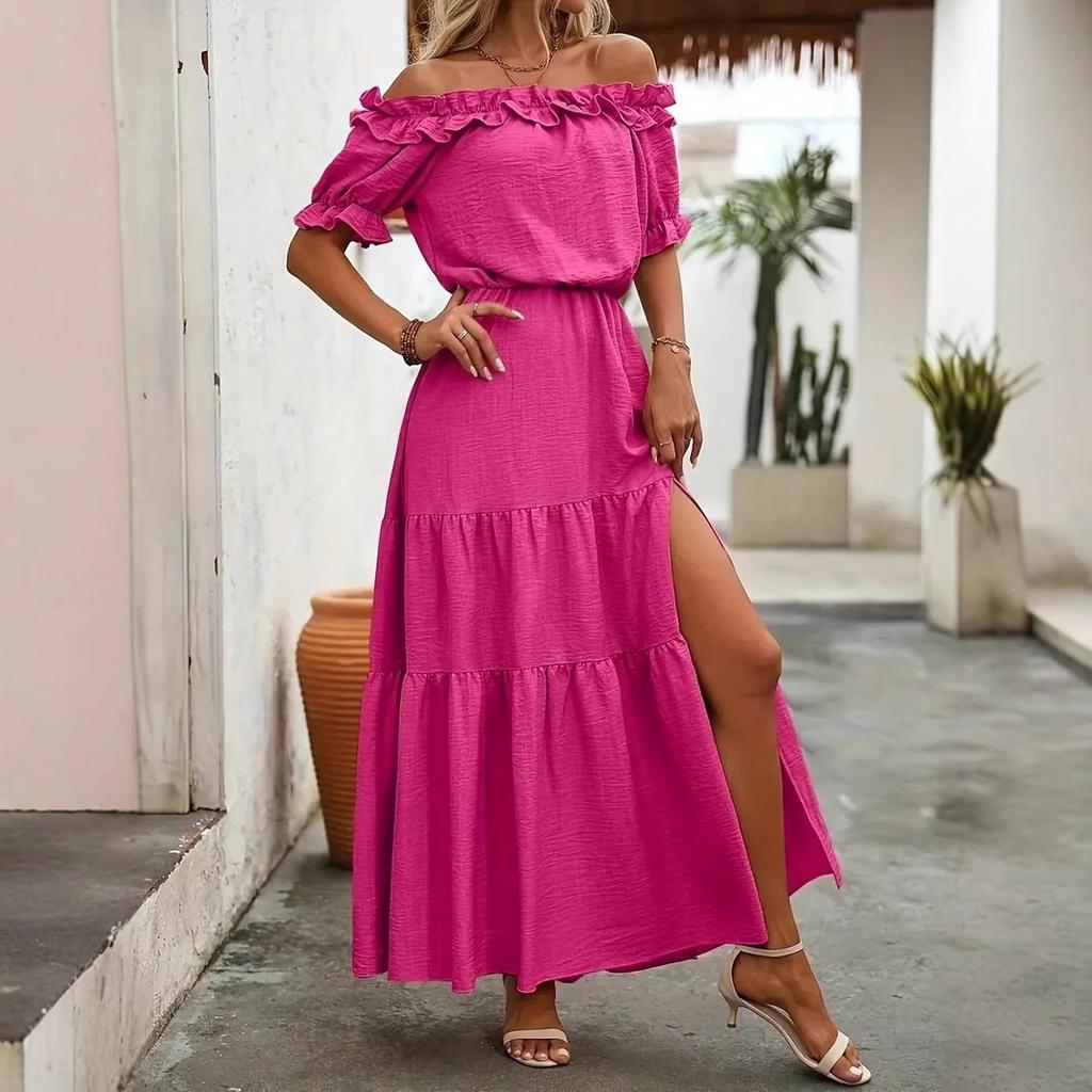 New, summer one-word shoulder fungus edge waist side split dress women