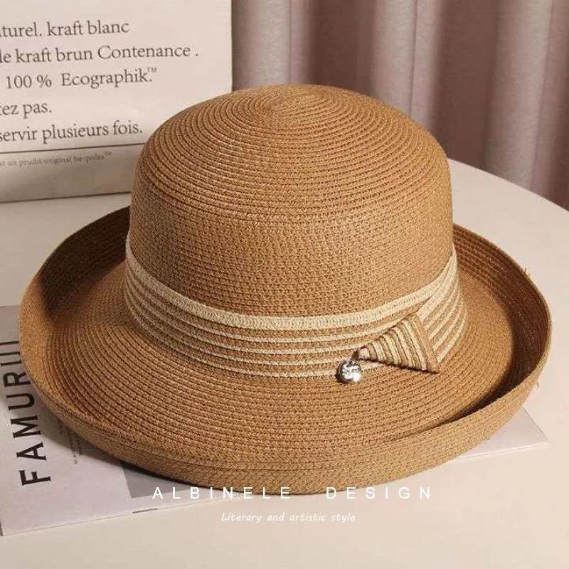 WTEMPO Elegant Casual Foldable Summer Straw Hats Women's Striped Wide Brim Solid Color Outdoor Sunscreen Hats