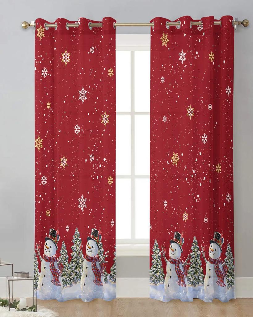 Christmas Tree Snowman Snowflake Red Sheer Curtains for Living Room Decoration Window Curtains Kitchen Tulle Voile Curtains