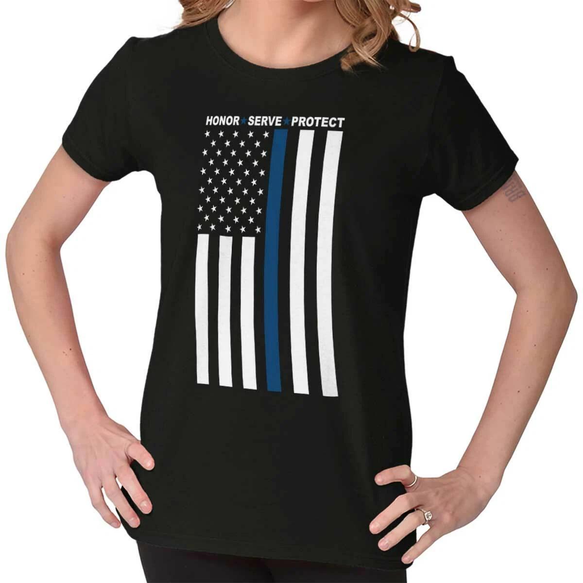 Blue Line American Flag Honor Serve Protect Graphic T Shirts for Women T-Shirts XL
