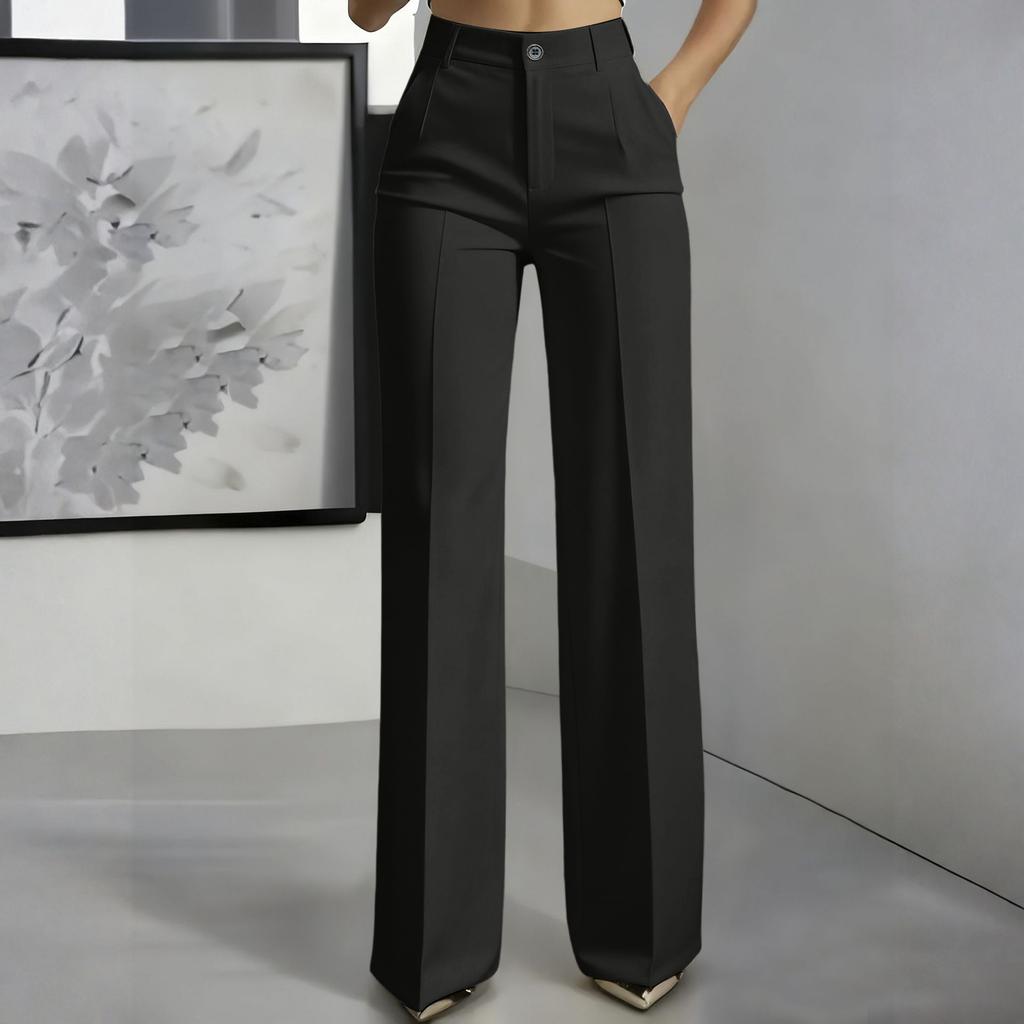 High Waist Wide Leg Hose für Damen Klassische Gerade geschnittene Business Casual Hose mit Taschen und Knopfleiste