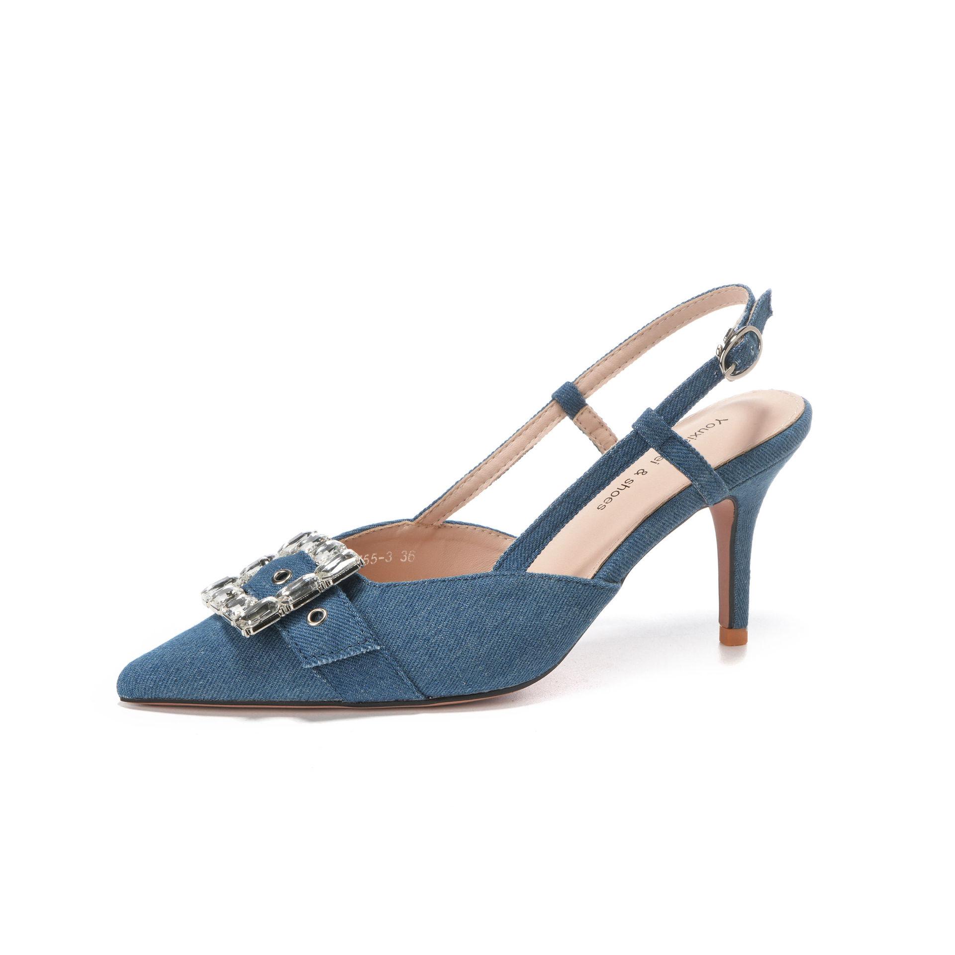 

Джинсовая синяя сумка с корнями, спереди сумка и сзади пустые сандалии, шпильки и высокие каблуки темперамент 40