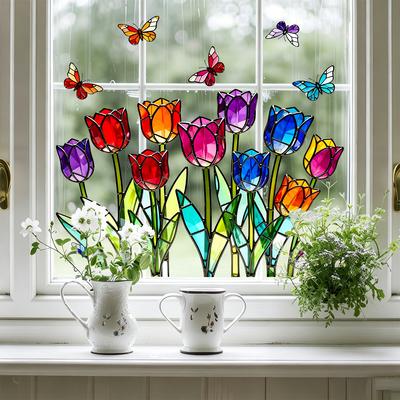 Colorful Window Tulip Glass Electrostatic Stickers - Non-adhesive and Removable - for Beautifying Bathroom Windows