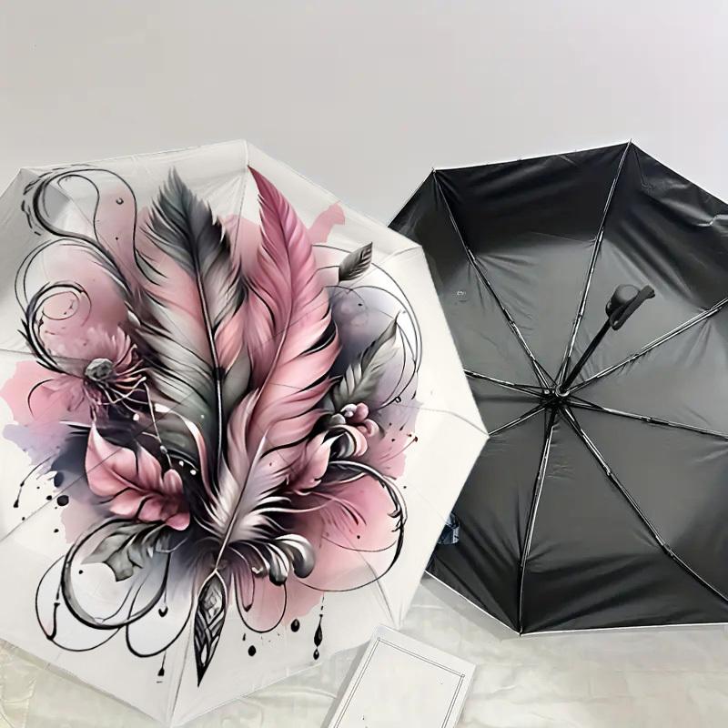 1PC Feathers Ink Umbrella-8-Rib Reinforced, Automatic Open, Lightweight & Durable, Cute Fashion Accessory for Outdoor-P29
