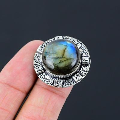 925 Sterling Silver Round Labradorite Gemstone Promise Wife Ring Jewelry US 6.5