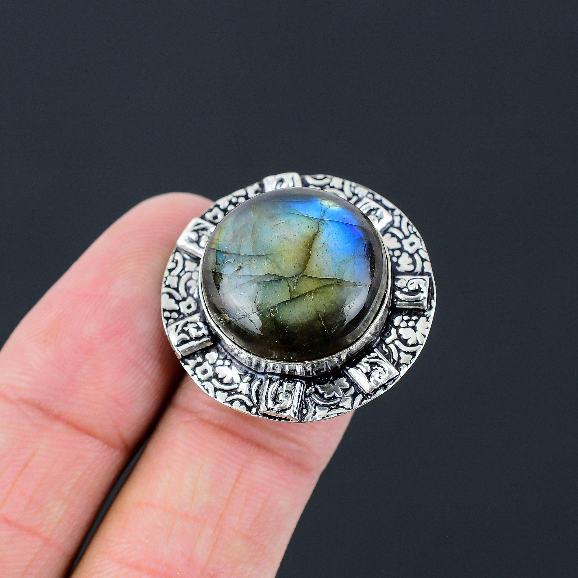 925 Sterling Silver Round Labradorite Gemstone Promise Wife Ring Jewelry US 6.5 6.5
