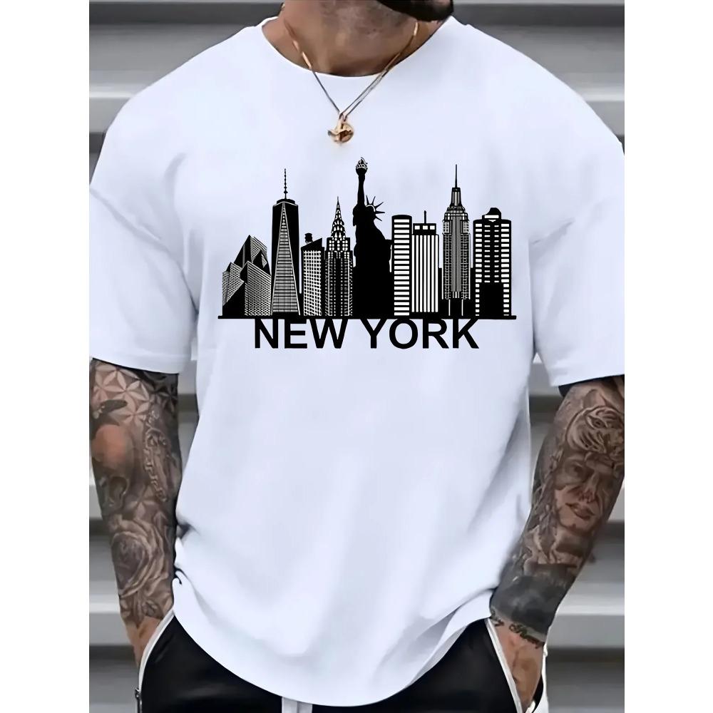 Summer Printed Pure Cotton T-shirt Cityscape Printed Men's Cotton T Shirt Casual Crew