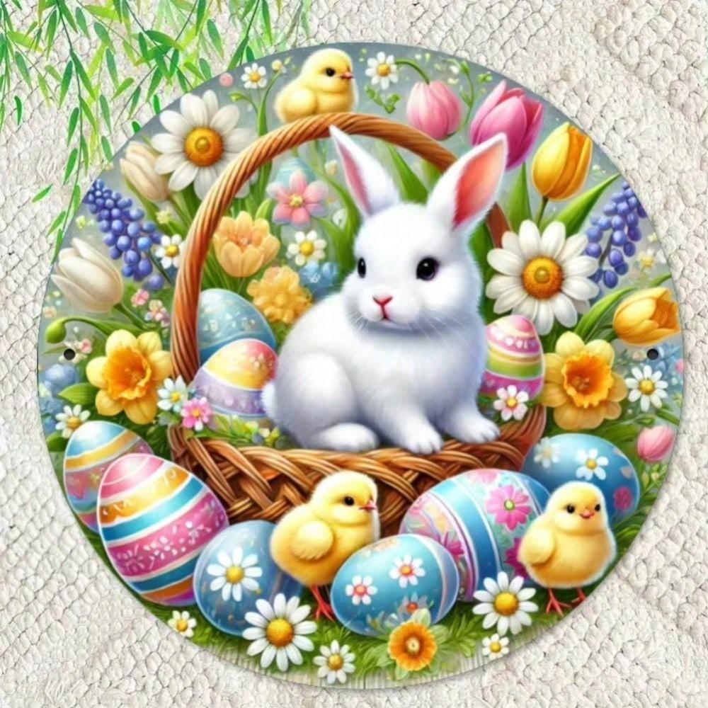 Panier de lapin de Pâques vintage Plaque murale ronde en métal Décoration de maison de ferme Jardin Café Art en fer Montage sur porte Salon