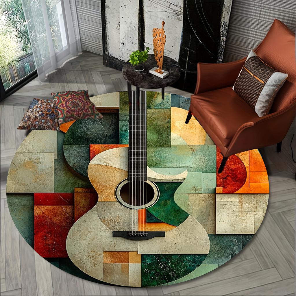 Flannel Printed Round Rug With Abstract Guitar Design For Home Decor Soft Floor Mat Music Art Theme Boho Style