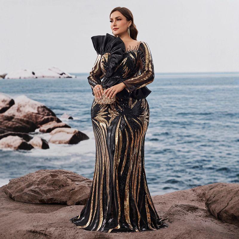 Birthday Wedding Dress Plus Size Dress European and American Long-Sleeved Sequin Embroidered Mermaid Evening Dress Formal Elegant Dress