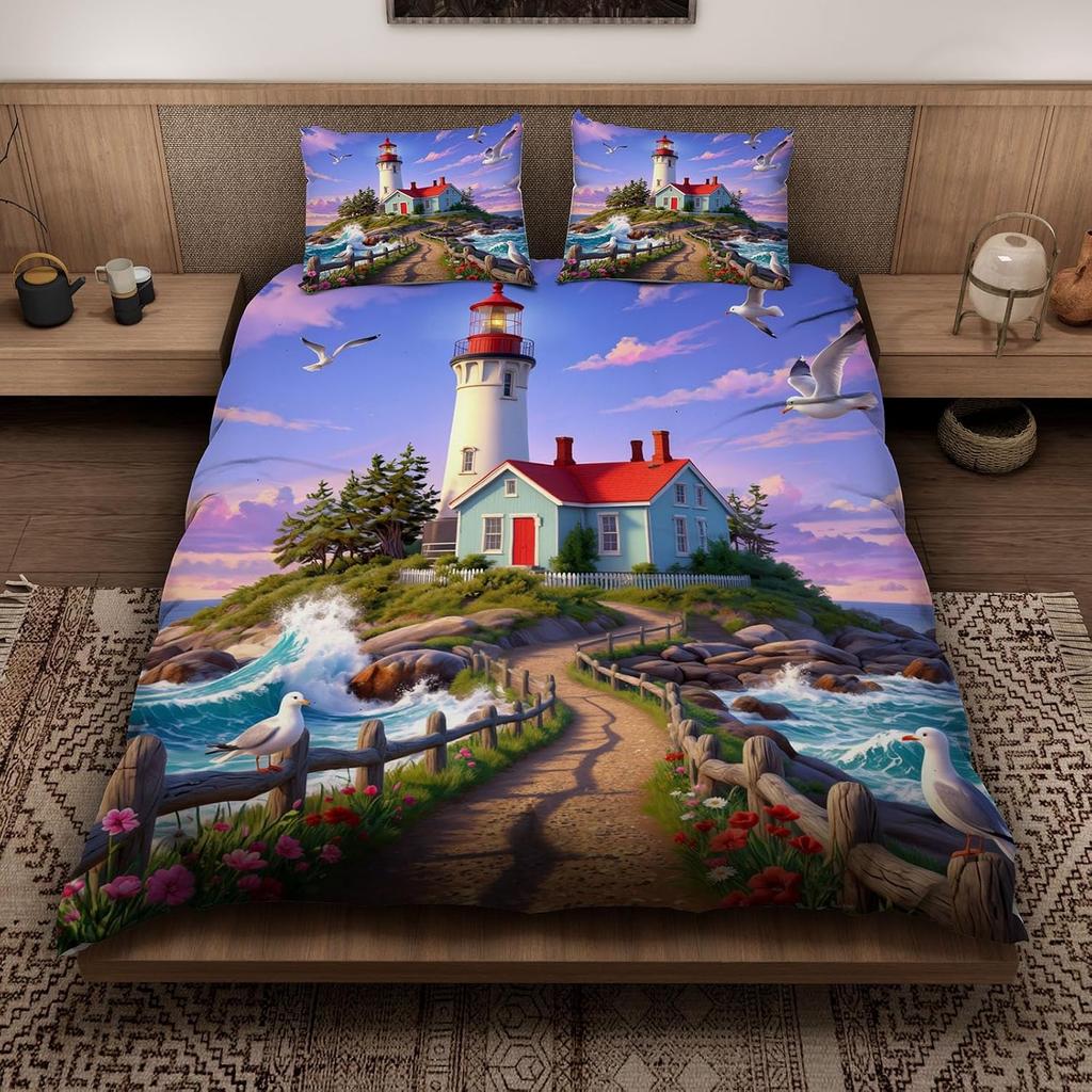 3D-Druck Leuchtturm Doppelbettwäsche-Set 2 Teile Reißverschluss Ozean Maritim Mikrofaser Bettbezug mit Kissenbezug 50*75cm