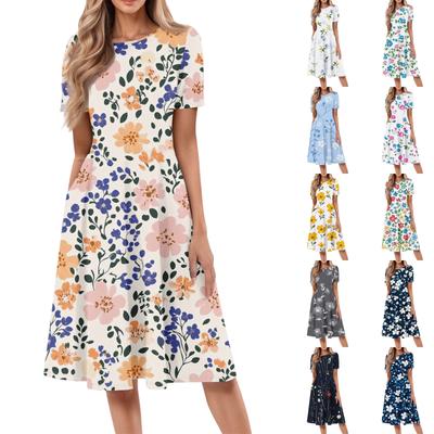 Robe mi-longue décontractée à col rond et manches courtes pour femme, imprimé floral