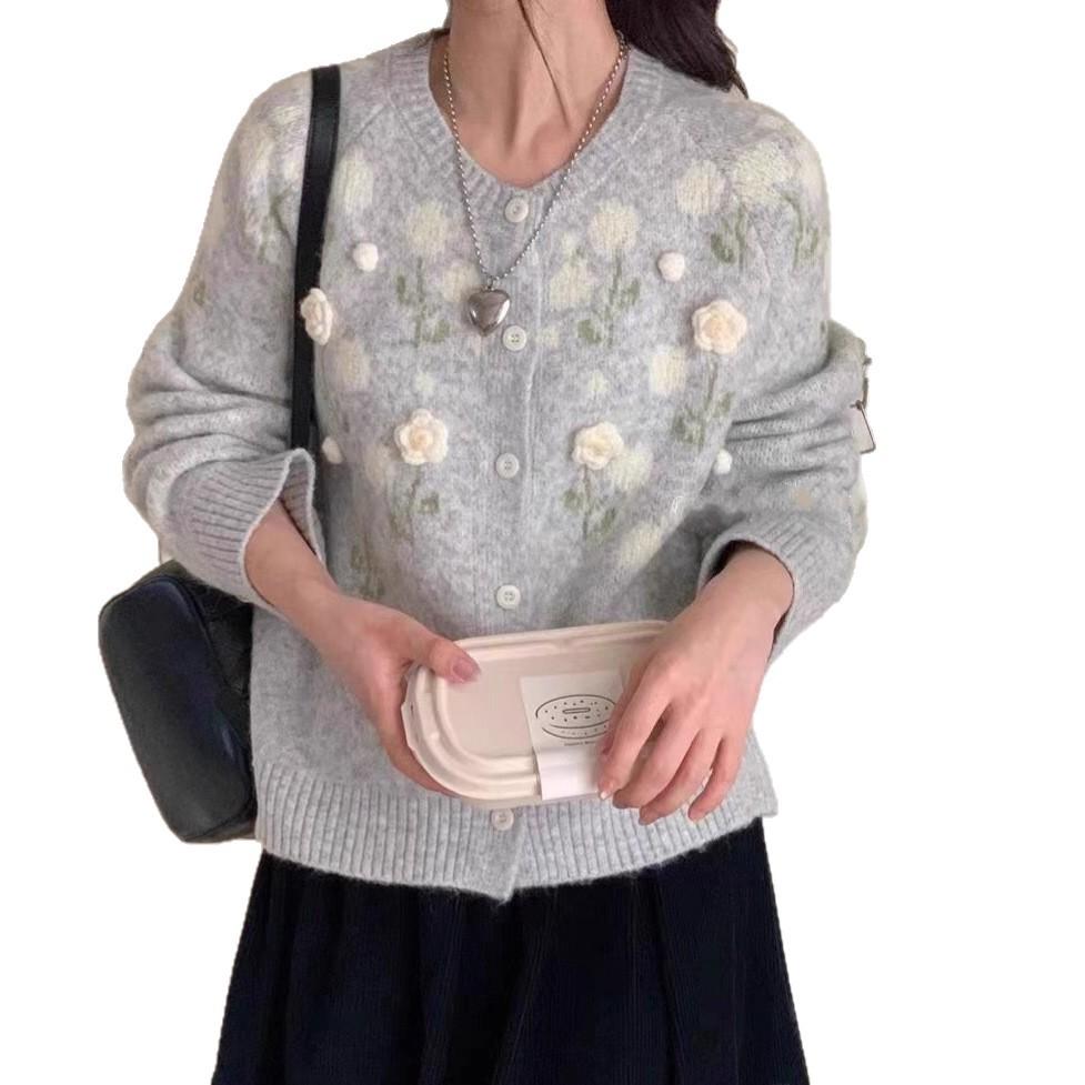 Korean style sweet three-dimensional floral knit cardigan for women, spring/autumn new versatile soft and cozy loose lazy style sweater jacket