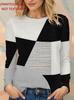 Damen T-Shirt mit langem Ärmel, Rundhalsausschnitt, moderne minimalistische Optik, Waffelstruktur, geometrisches Colorblocking