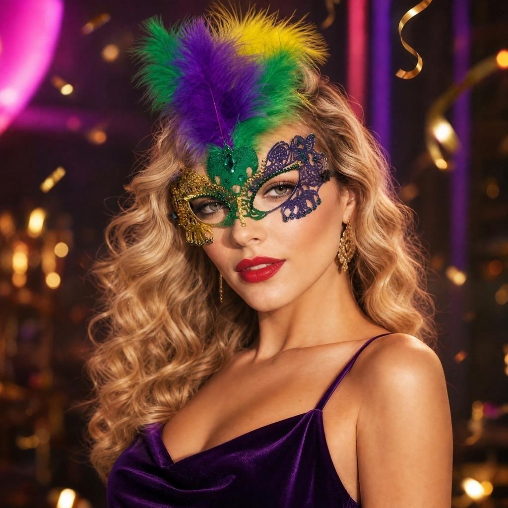 Half Face with Feathers Rhinestones Gold Purple Green Lace for Halloween Party
