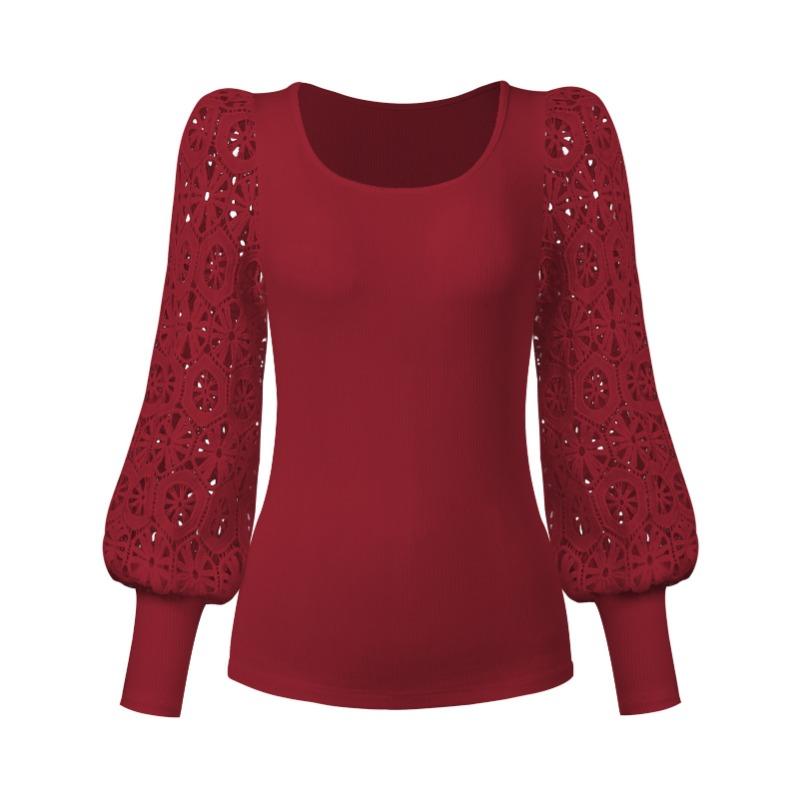 

Осенняя мода кружевной длинный рукав свитер с небольшой полоской футболка модный женский топ XL бордовый