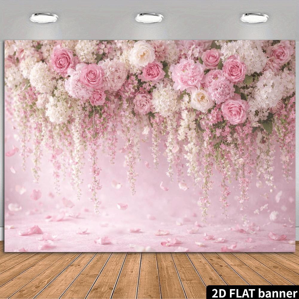 2D planar banner with pink hanging flowers as the background for the wall photography