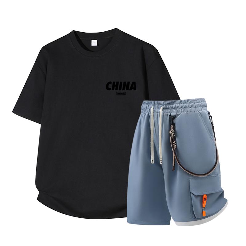 Dmo Men's Short Sleeved Set Summer Short Sleeved Slim Fit Upper Garment Men's Two-piece Set