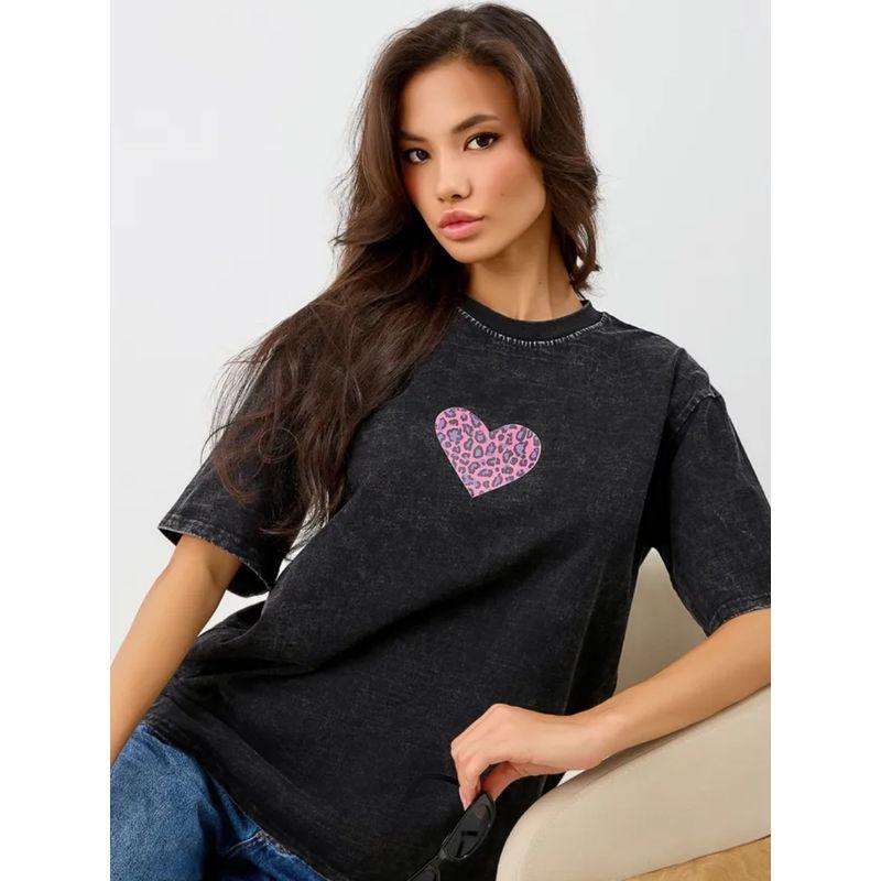 Western Style Washed Old Casual Love Heart Print Cotton T-shirt Loose Printed Cotton T-shirt