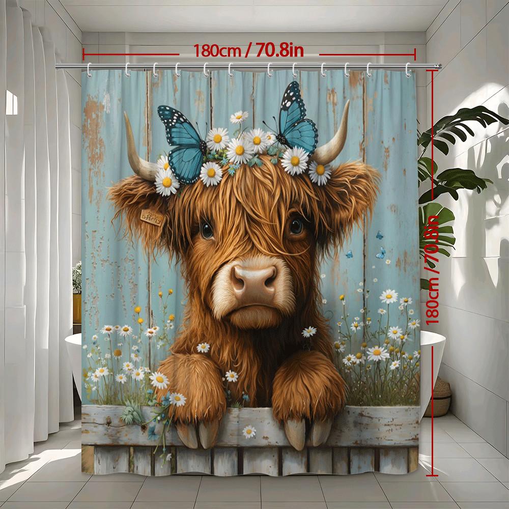 Schattige Schotse Hooglander Douchegordijn Margrietbloemen Vlinders Rustieke Boerderij Kunst Decor Speels Badkamerontwerp Waterdicht niet-giftig
