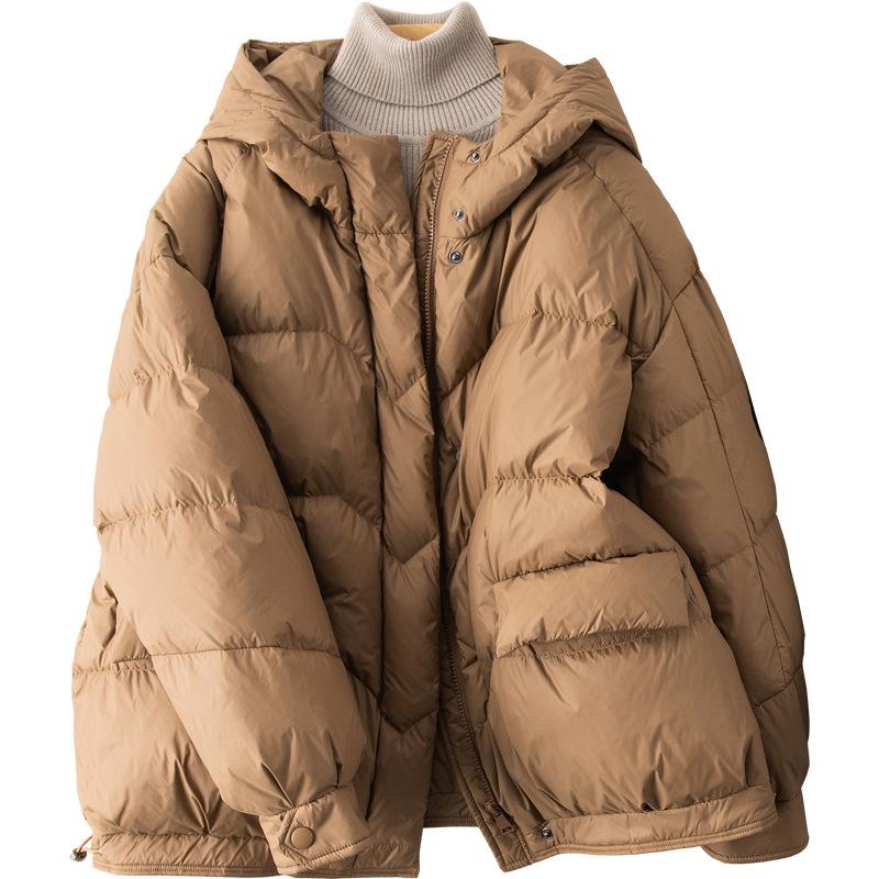 2023 Women's Artistic White Duck Down Hooded Jacket - Lightweight, Short, and Trendy Loose Fit.