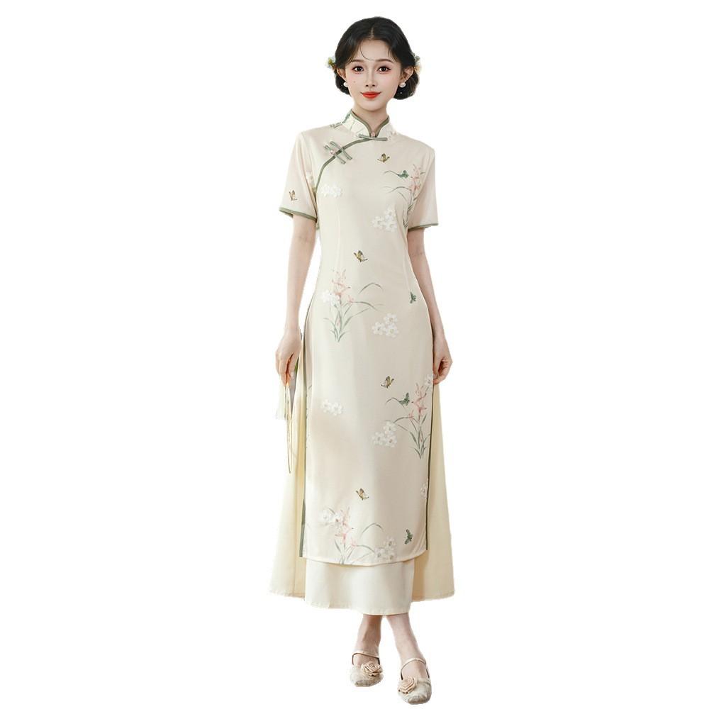 New Chinese style literary and artistic daily cheongsam 1011 spring and summer new simple and elegant Aodai lady fan tea art dress