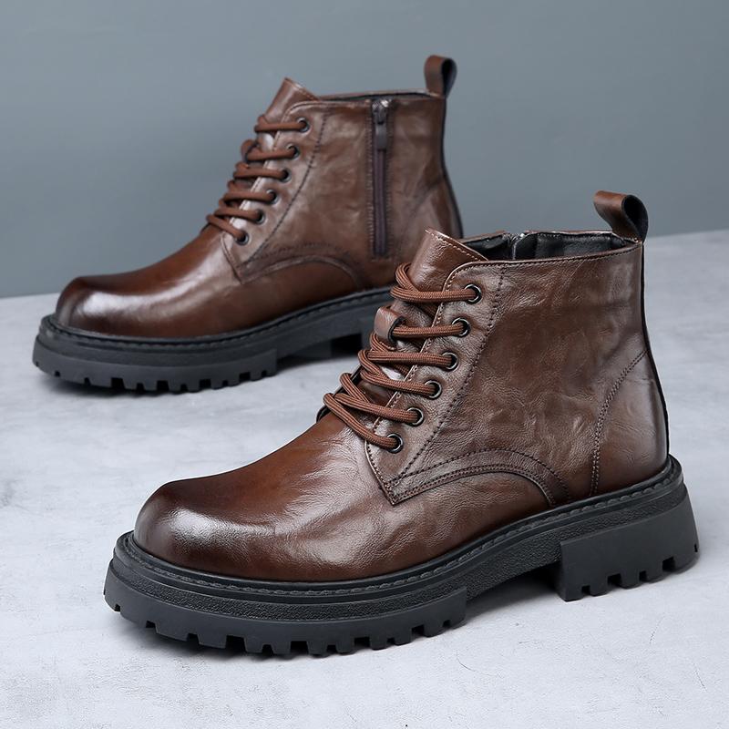 Fashion Leather Boots Man Thick Bottom Tooling Retro Classic British Style Boot Business High Quality Waterproof Zip Big Round Toe Shoes