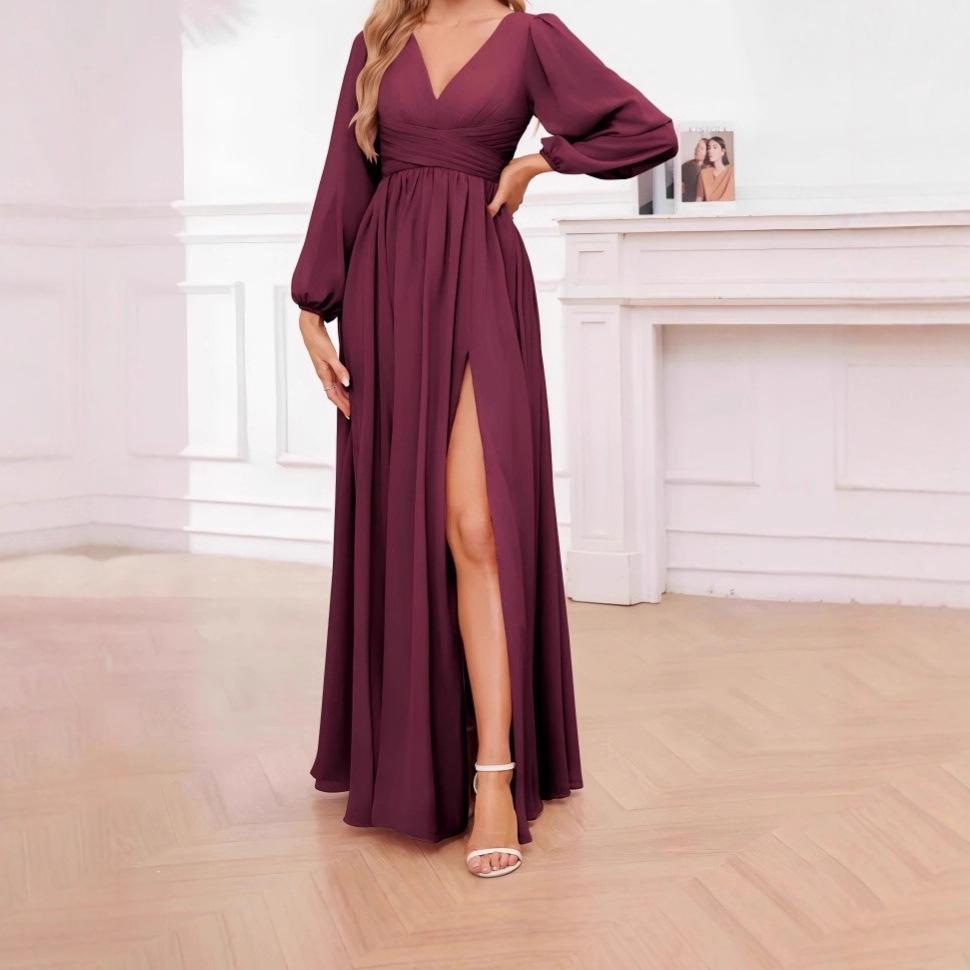 2025 Autumn/Winter Elegant V-neck Solid Color Evening Gown M вино красного
