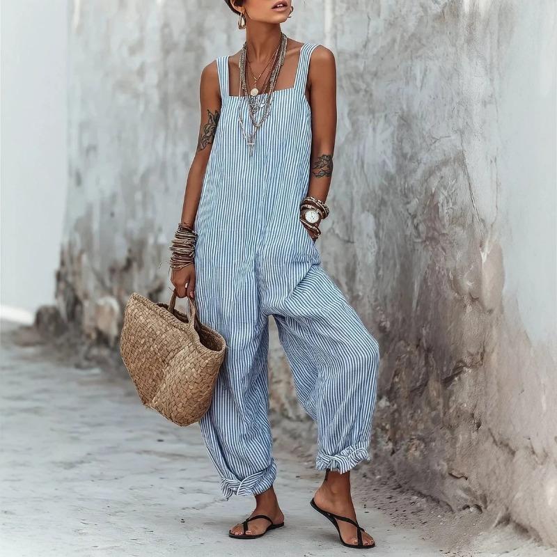 TIFICY Women's Fashion Casual Summer Spring Stripe Print Sleeveless Square Collar Loose Waistline Trousers Jumpsuits & Rompers