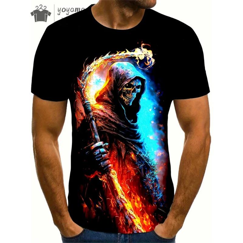 

Мужская футболка с принтом ужасного черепа, 3D-принт, винтажный O-образный вырез, короткий рукав, модные футболки больших размеров, мужская летняя уличная одежда 6XL
