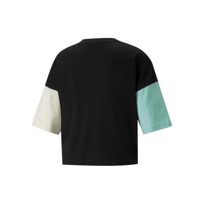 Puma Clsx Logo Color Block Round Neck Short Sleeve T-Shirt Women Tops Black 534161-56