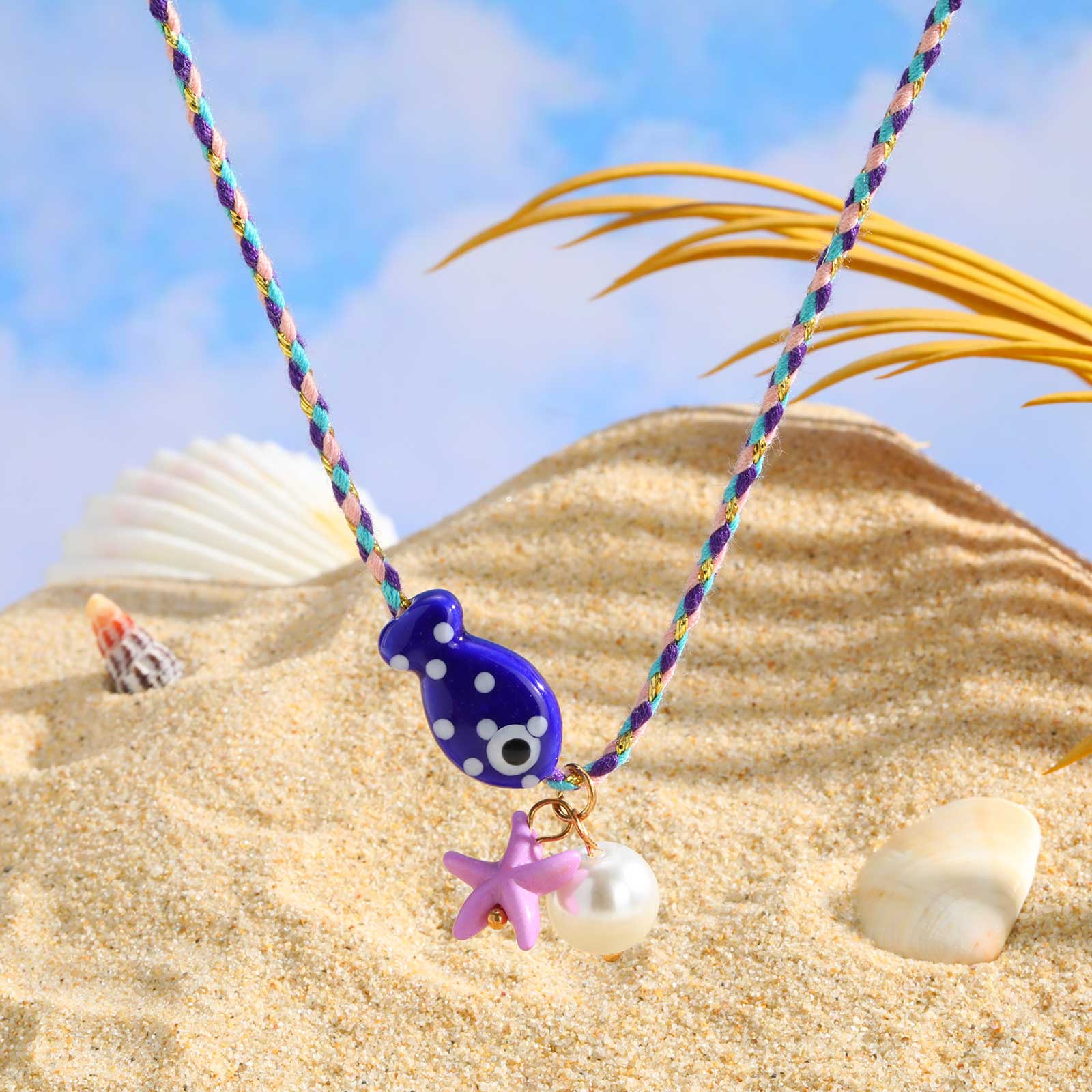 

Colorful Ceramic Starfish Blue Fish Pendant Necklace,Adjustable Rope Chain Necklaces for Women,Trendy Jewelry Gift