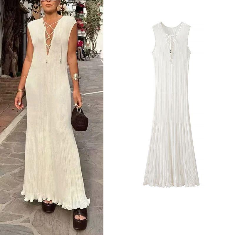 Summer New Product Women's Clothes Pure Color Sleeveless Deep V Neck Lace-up Sexy Silm Vest Dress 1283183