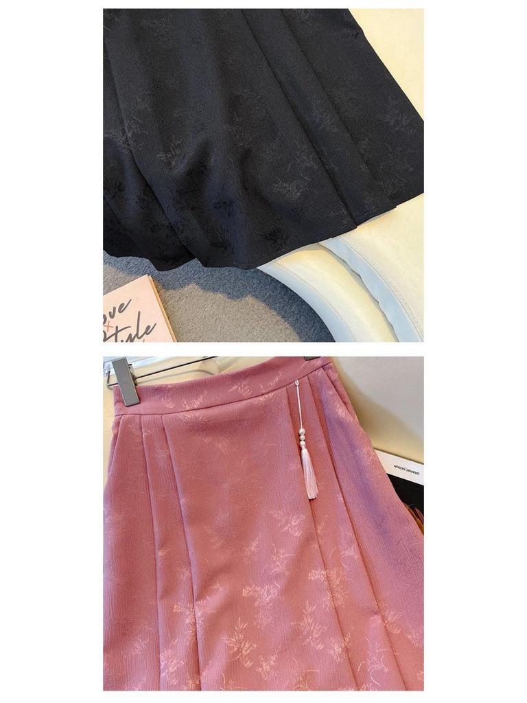 Chinese Mamian Pleated High-Waisted A-line Midi Skirt - Summer Style