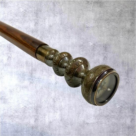 Wooden Walking Stick with Compass Handle Decorative Cane with Brass Compass Grip, Nautical Explorer Gift for Men Collectors